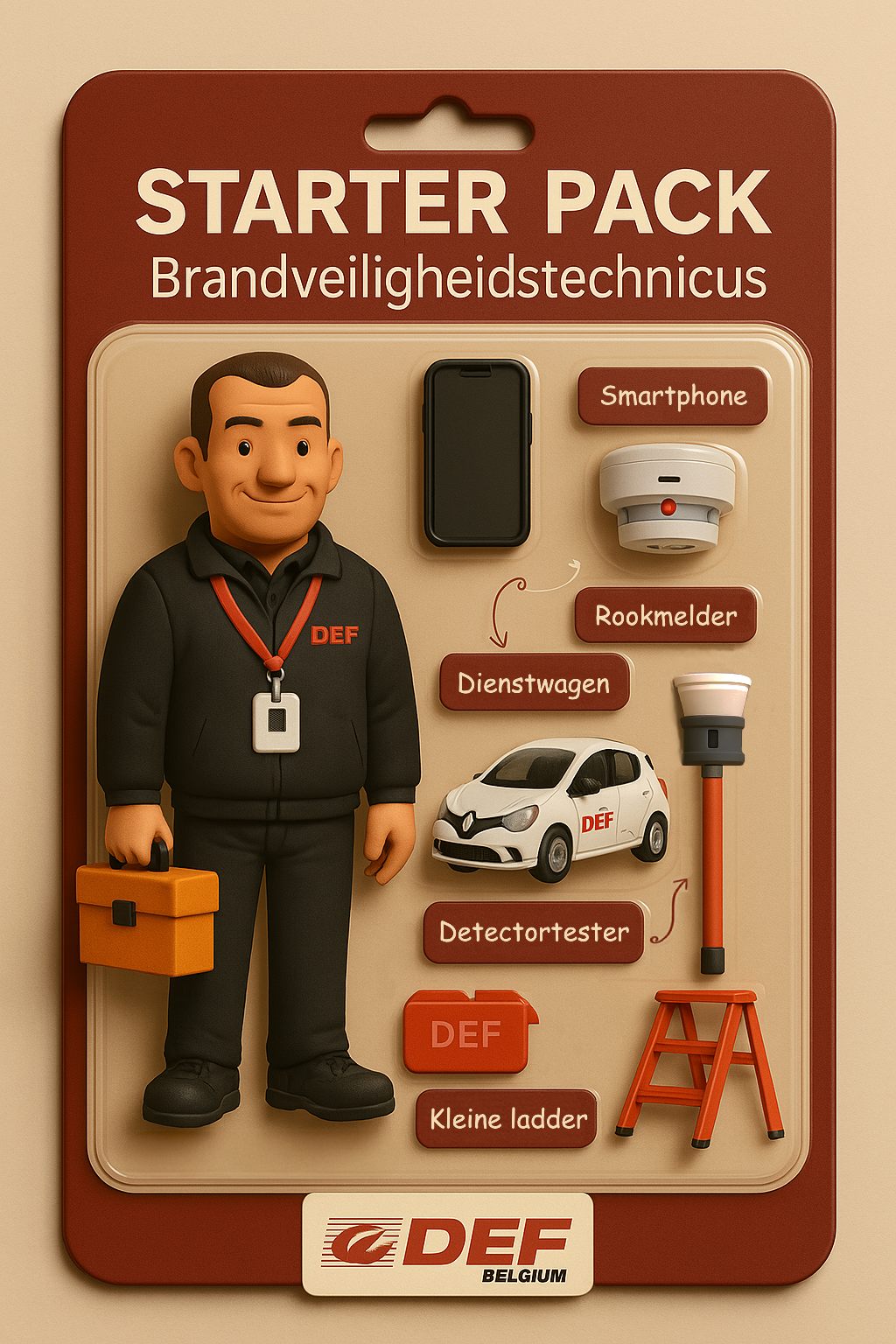 Starter Pack voor brandveiligheidstechnicus met mini-figure, smartphone, rookmelder, dienstwagen, detectortester, DEF-map en ladder.