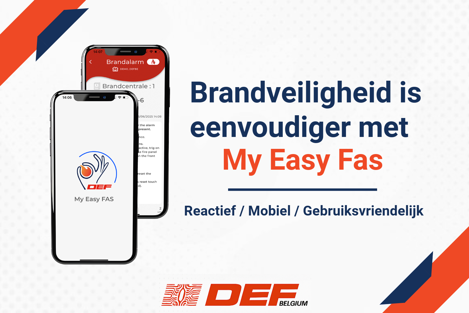 Twee smartphones tonen de My Easy Fas branddetectie app van DEF Belgium, met realtime brandalarmmeldingen.